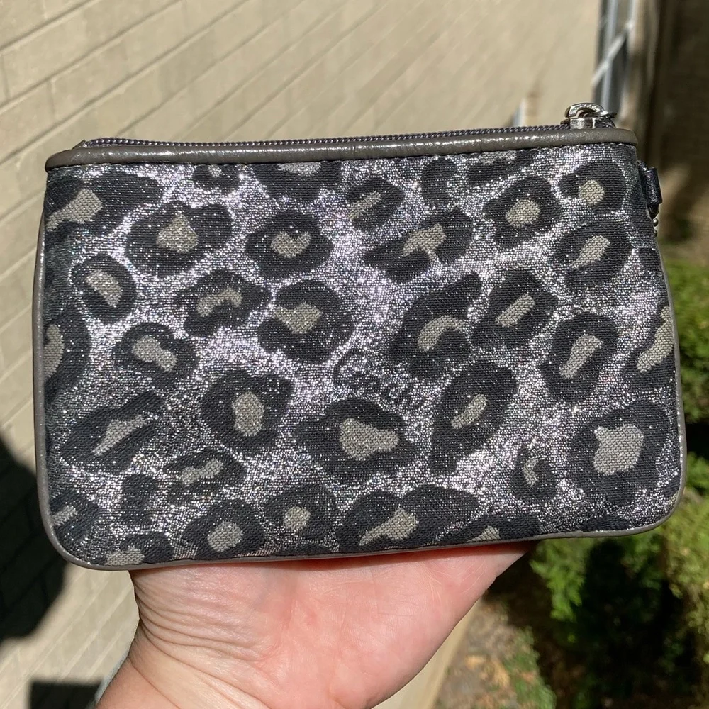 Coach Metallic Silver Glitter Sparkle Leopard Print Zipper Pouch Wristlet Wallet